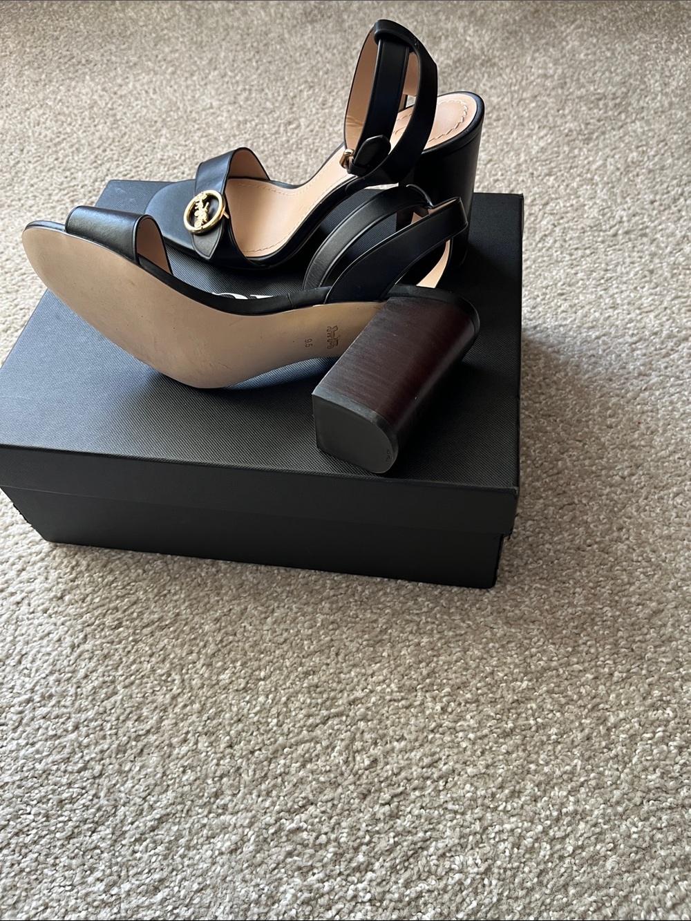 Coach Black Leather Ankle-Strap Block Heel Sandals with Gold Logo - Picture 3 of 4